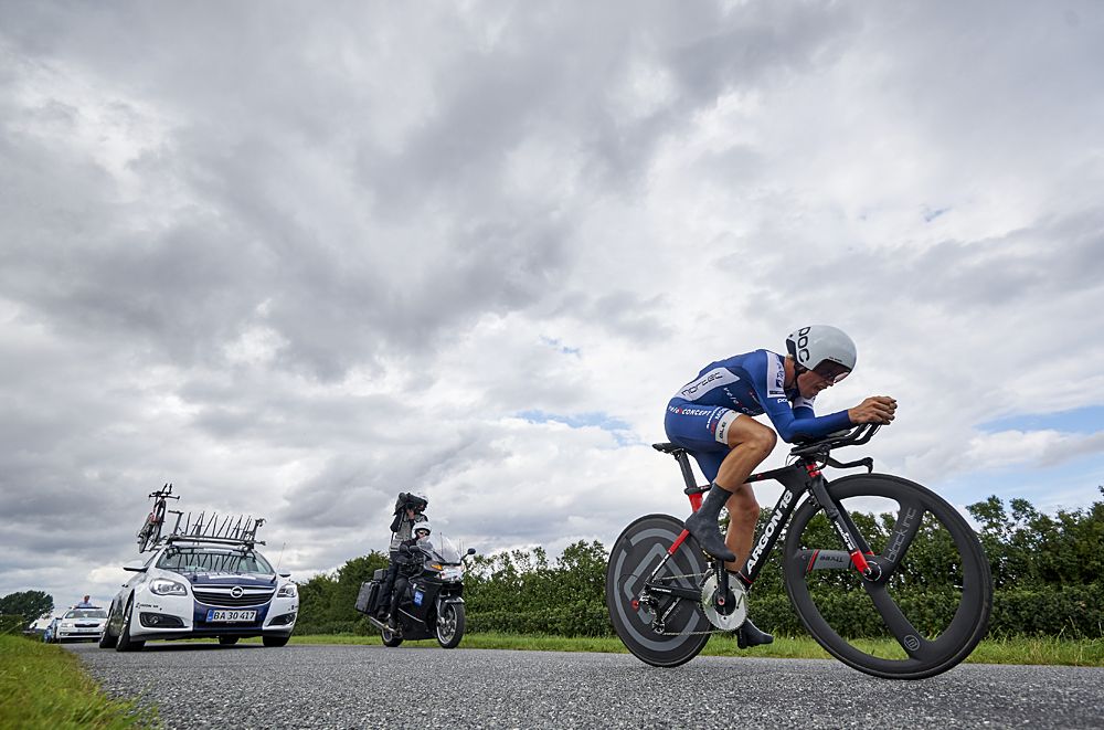 Mads Wurtz Schmidt of Virtu Pro Veloconcept wins stage four at the Postnord Danmark Rundt race time trial in Nyborg