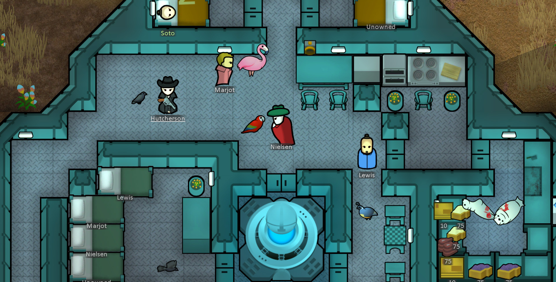 Colonists with pet birds in Rimworld.