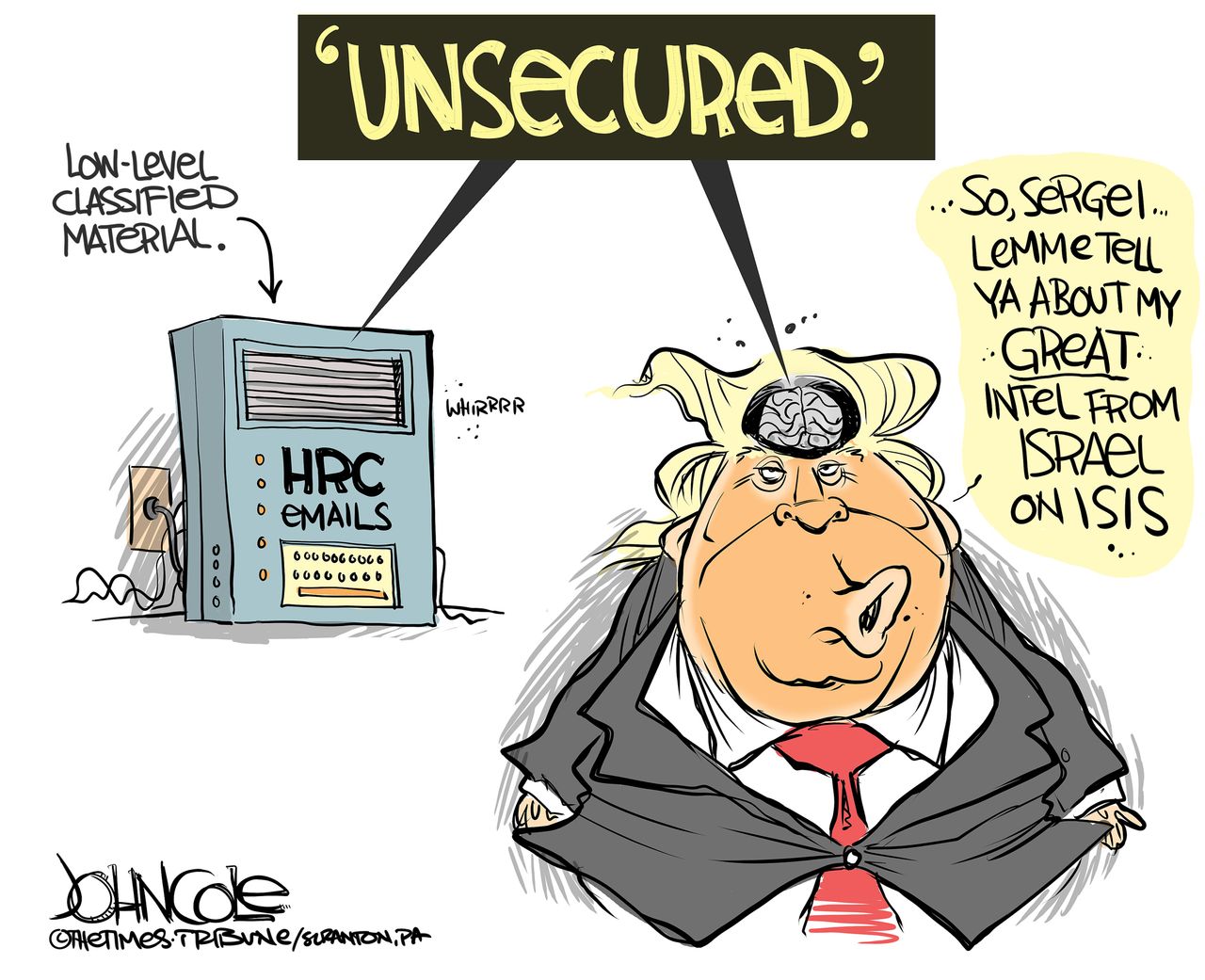 Political cartoon U.S. Trump Russia scandal intelligence leaks Clinton email server