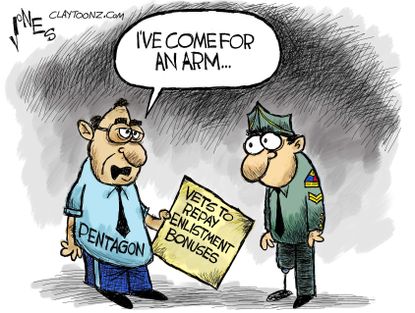Editorial cartoon U.S. Pentagon Veterans Enlistment bonuses