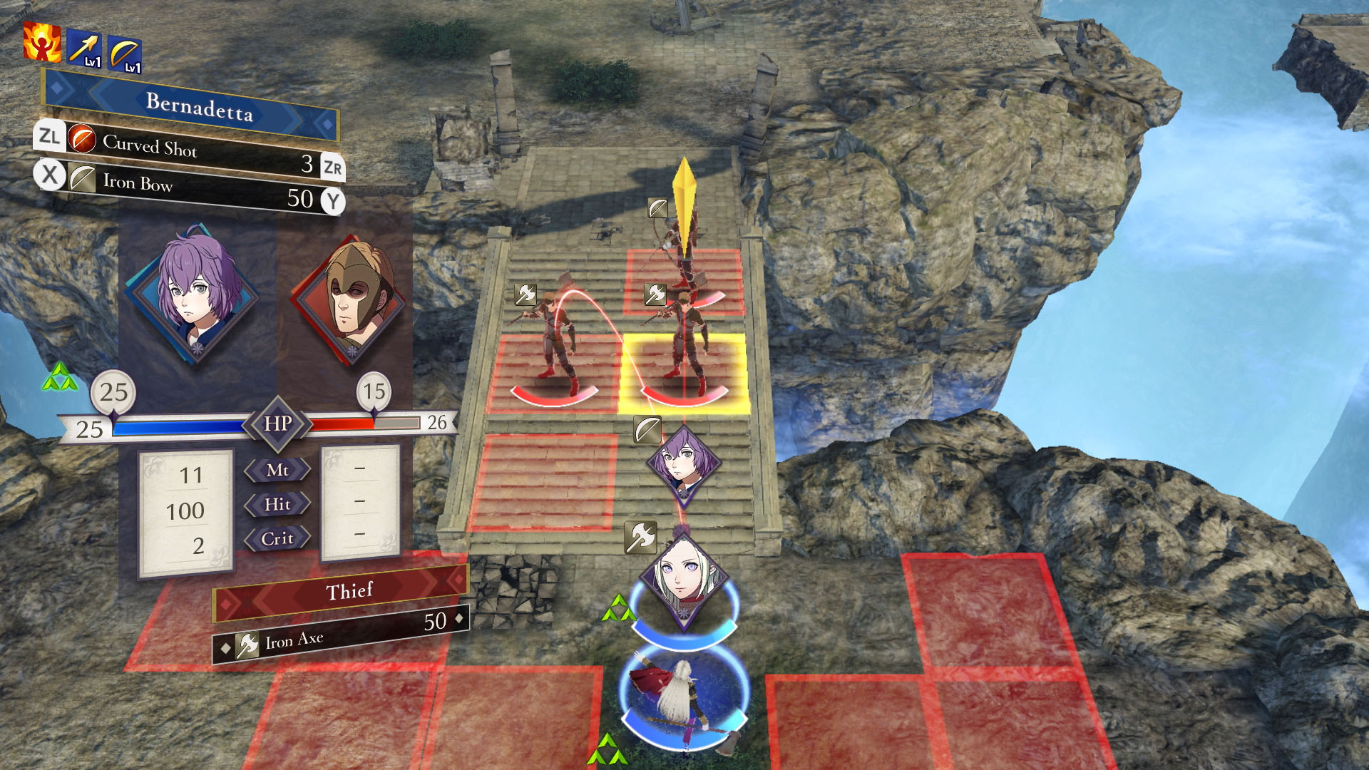 A turn-based grid where a student fires a bow and arrow at an enemy on higher ground and has a slight disadvantage in Fire Emblem: Three Houses