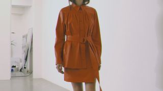 Stand leather wrap coat in orange