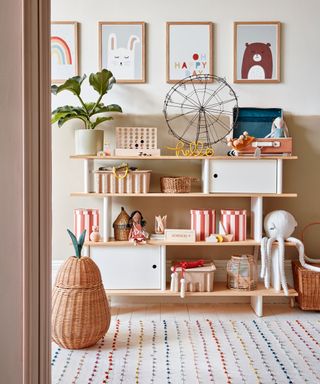 Kids room with wooden storage unit, displaying toys, ornaments, woven storage basket and rug on the floor, framed prints on walls