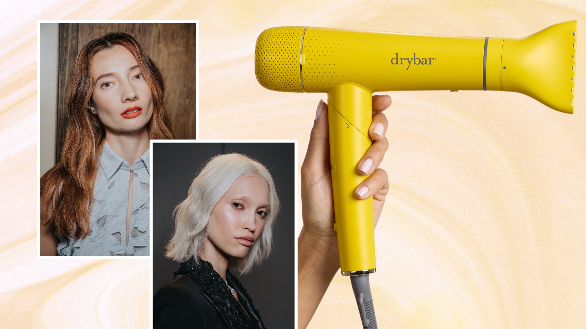 a yellow blowdryer held up by a white hand on a golden brown background with two photos of women with blowdried hair