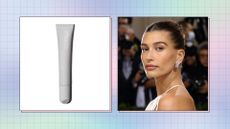 Collage of Rhode Peptide Lip Treatment and Hailey Bieber at the Met Gala