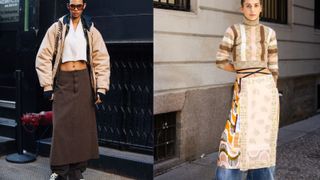 how to style skirts over pants, shown by two street style shots