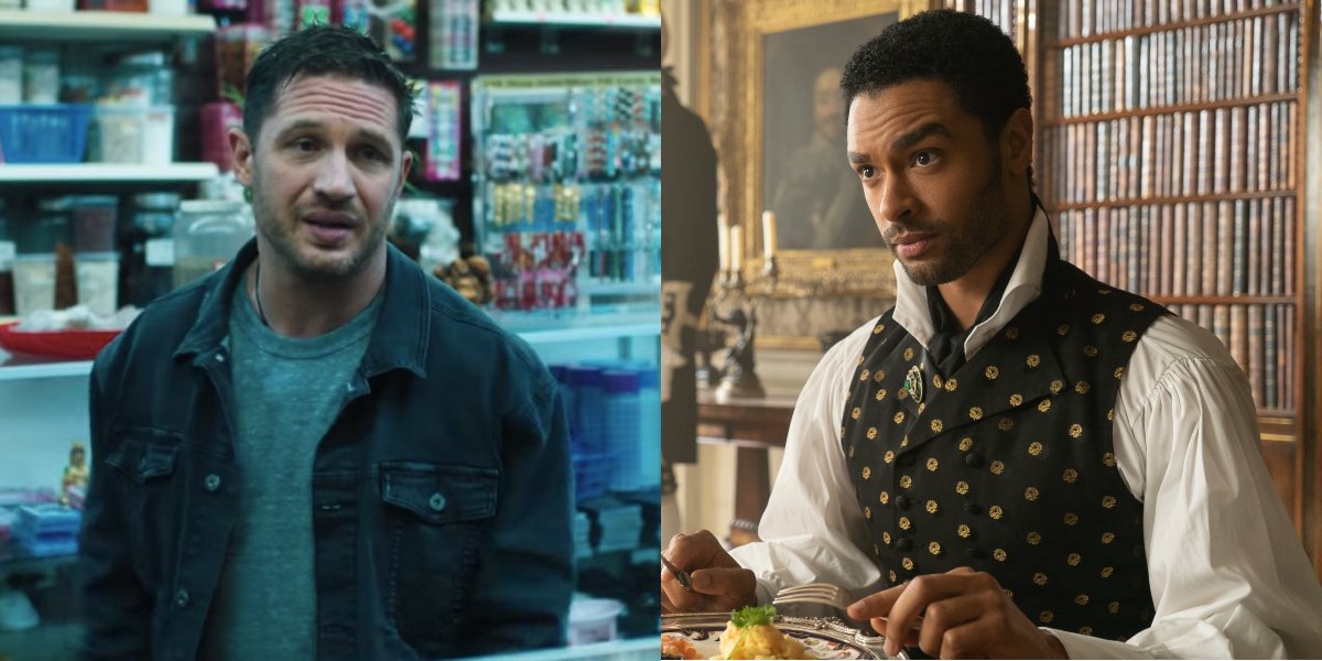 Tom Hardy in Venom and Regé-Jean Page in Bridgerton, pictured side by side