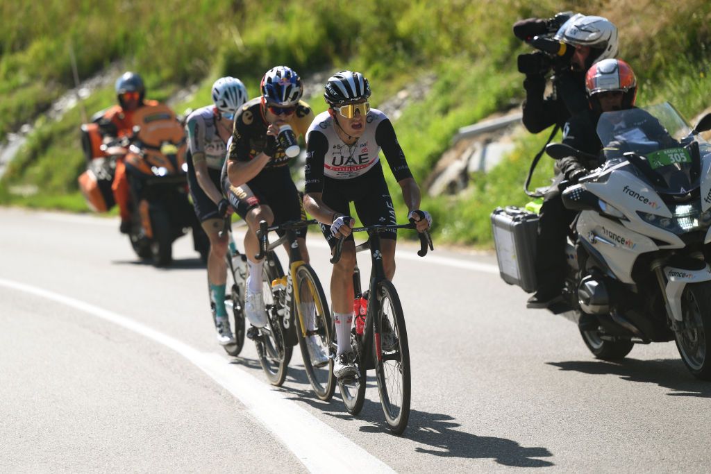 SAINTGERVAIS MONTBLANC FRANCE JULY 16 LR Wout Poels of The Netherlands and Team Bahrain Victorious Wout Van Aert of Belgium and Team JumboVisma and Marc Soler of Spain and UAE Team Emirates compete in the breakaway during the stage fifteen of the 110th Tour de France 2023 a 179km stage from Les Gets les Portes du Soleil to SaintGervais MontBlanc 1379m UCIWT on July 16 2023 in SaintGervais MontBlanc France Photo by David RamosGetty Images