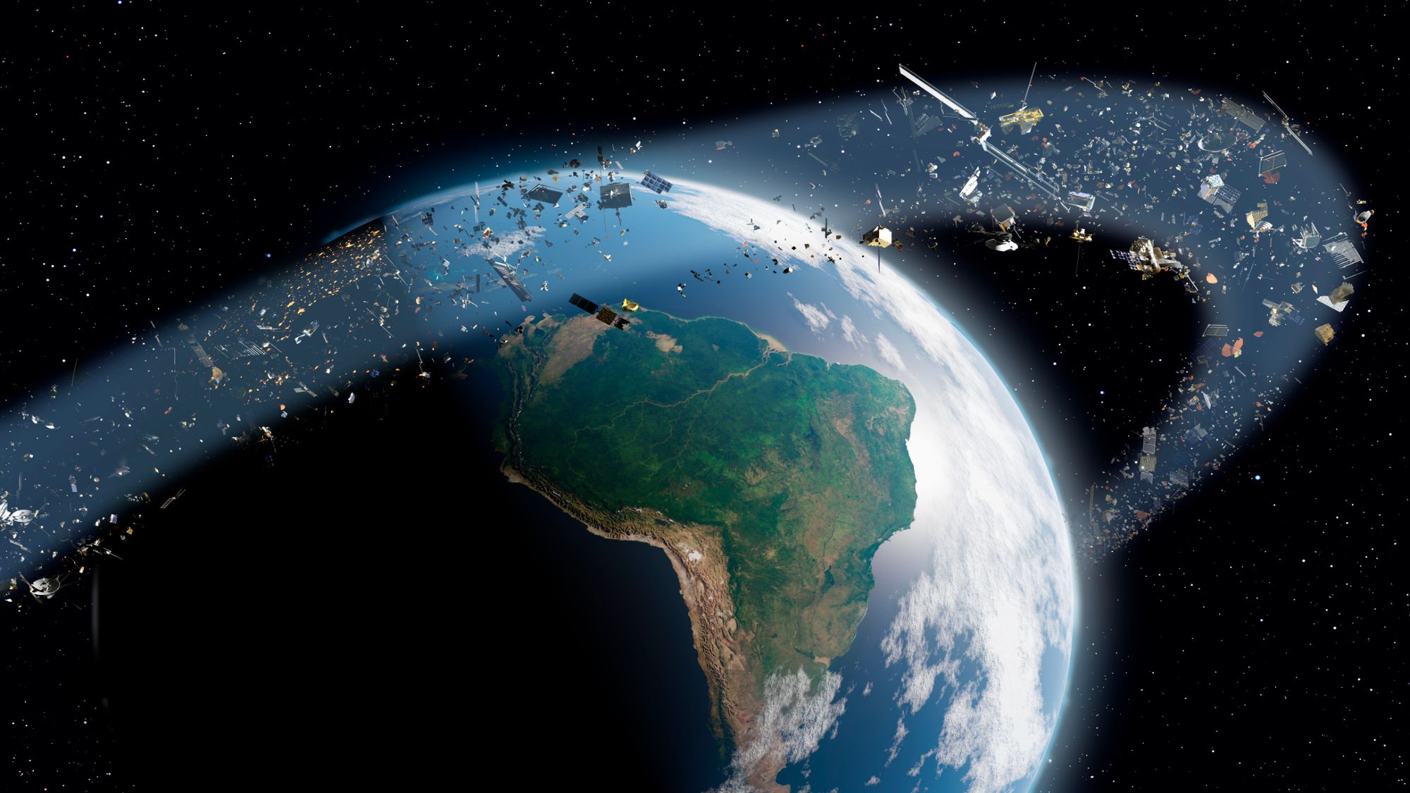 An illustration of Earth with a ring of space junk around it.