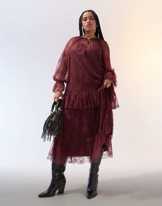 Asos Design Curve Ruffle Detail Lace Maxi Dress in Burgundy