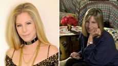 split screen with barbra streisand on the left and in her living room on the right