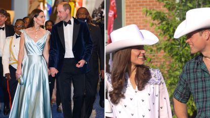 (L) Prince William and Kate Middleton in the Caribbean, (R) Prince William and Kate wearing cowboy hats