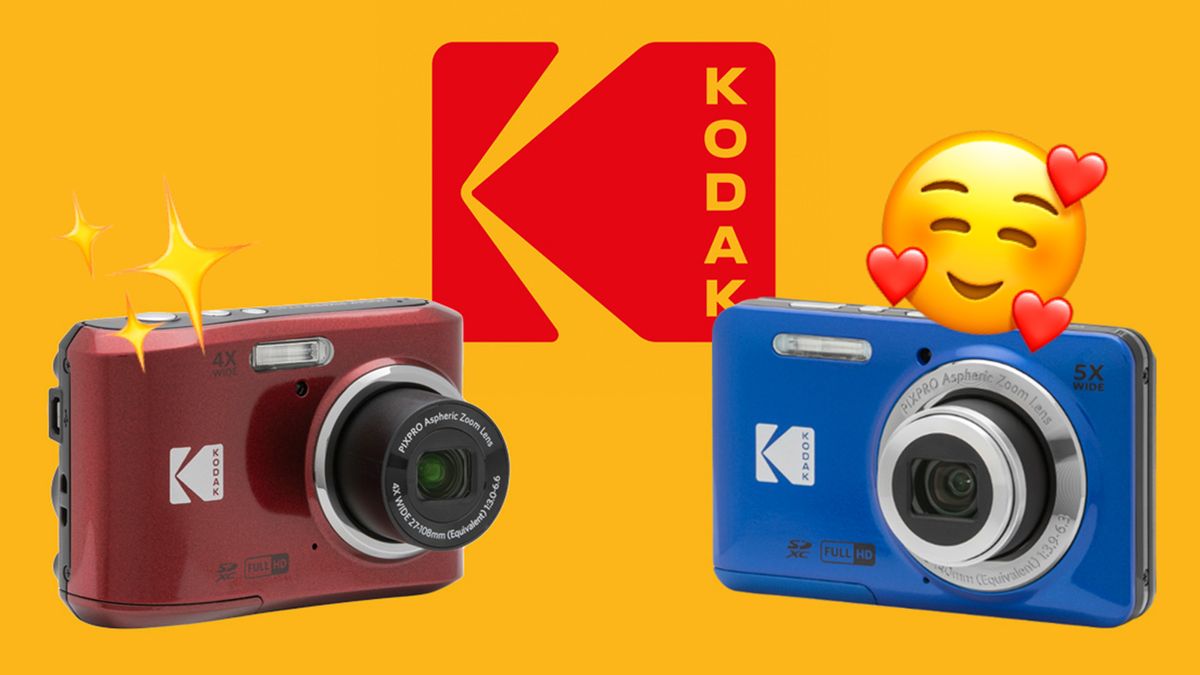 Kodak FZ45 and FZ55 on yellow background in front of Kodak logo with Smiling Face with Hearts and Sparkle emojis 