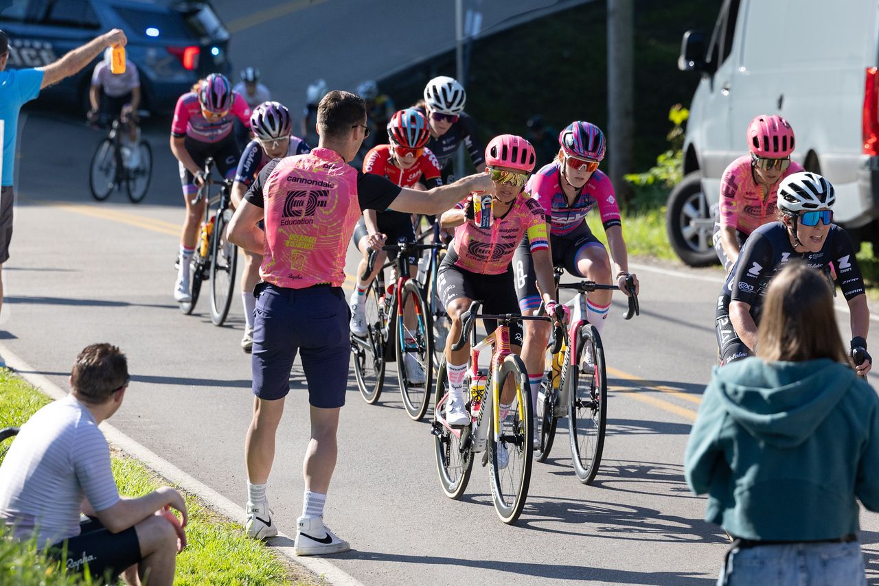 Coryn Labecki (EF Education - Cannondale) takes a bottle from her husband on the first of two climbs per 21.1 km (13.1 mile) per lap.