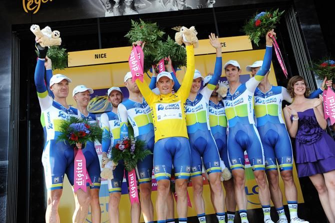 Orica-GreenEdge celebrate their victory in the TTT