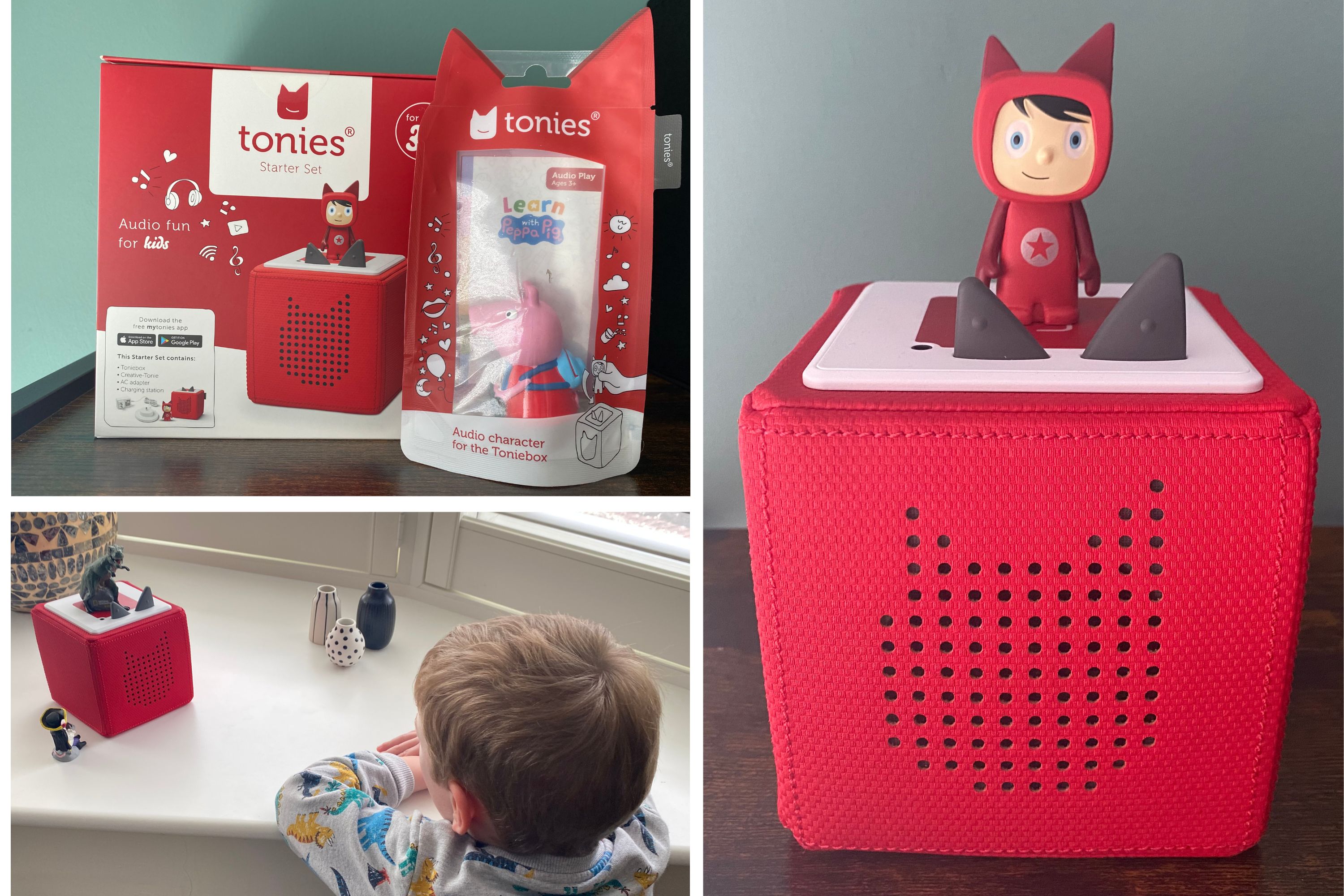 A collage of images of our young tester reviewing the Toniebox