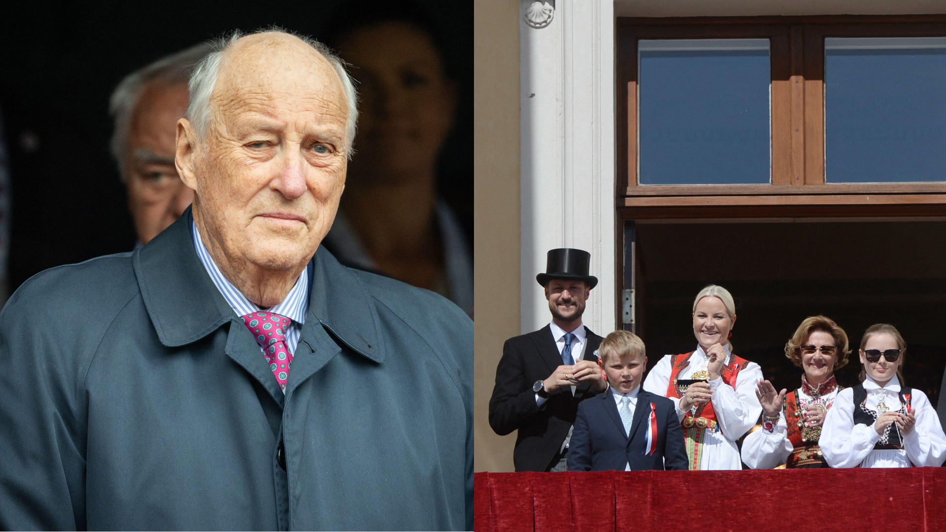 King Harald in a gray coat; Members of the Norwegian royal family on a balcony in traditional dresses