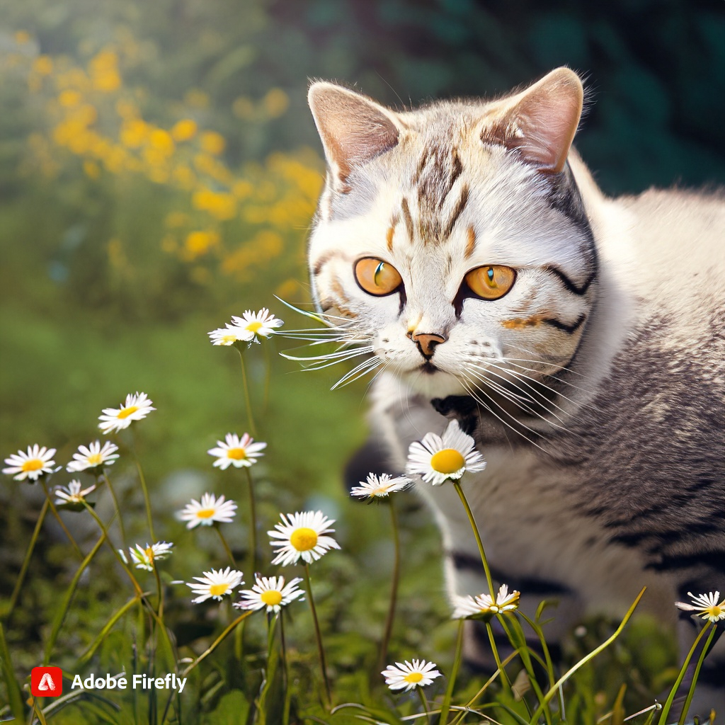 AI generated images of cat picking daisies