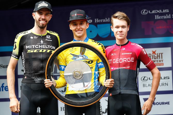The final podium of the 2020 Herald Sun Tour: Mitchelton-Scott&rsquo;s Damien Howson in third, winner Jai Hindley (Sunweb) and runner-up Sebastian Berwick (St George Continental)