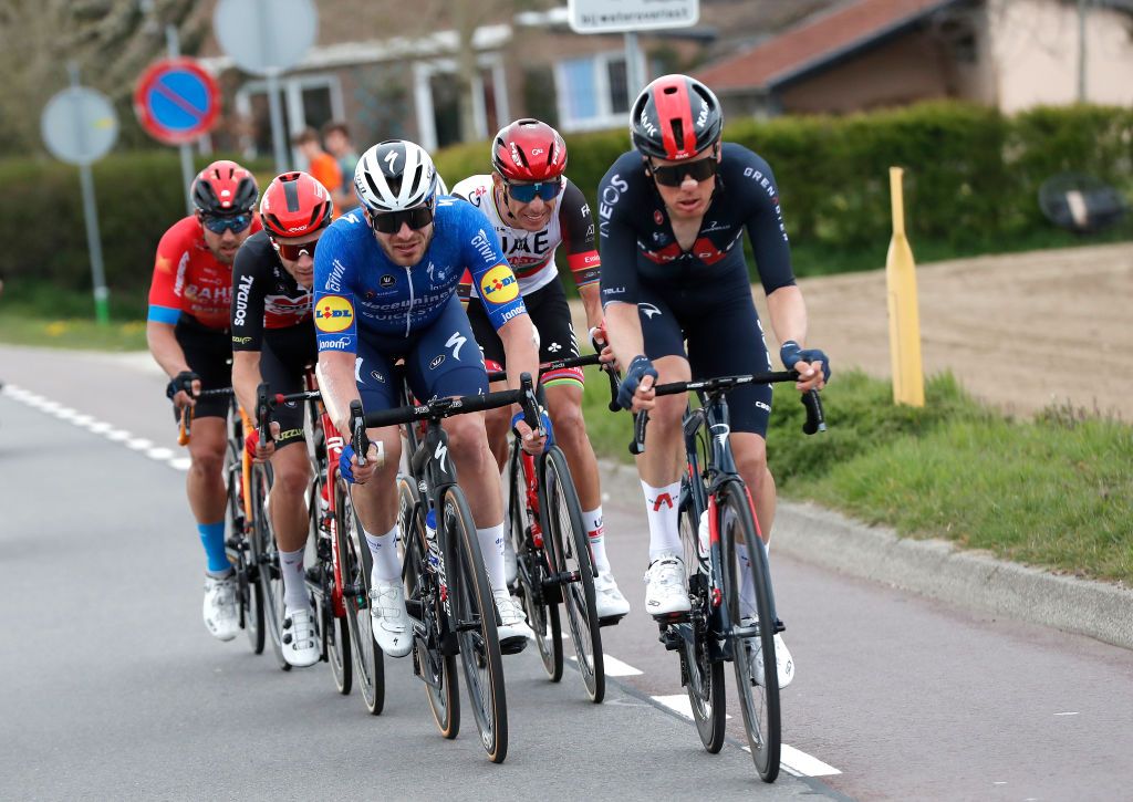 BERG NETHERLANDS APRIL 18 Florian Senechal of France and Team Deceuninck QuickStep Dylan Van Baarle of Netherlands and Team INEOS Grenadiers during the 55th Amstel Gold Race 2021 Mens Elite a 2167km race from Valkenburg to Berg en Terblijt Amstelgoldrace amstelgoldrace on April 18 2021 in Berg Netherlands Photo by Bas CzerwinskiGetty Images