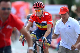 Nicolas Roche in the red leader's jersey at the Vuelta a España 2013