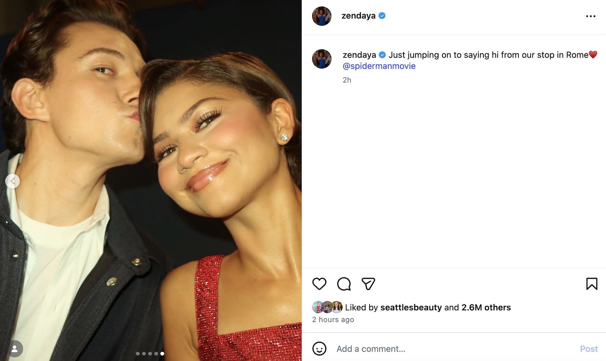 Zendaya's selfie with Tom Holland from Instagram.