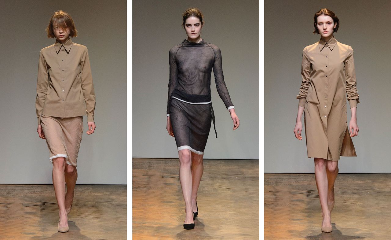 3 females on the runway wearing nude &amp; black sheer clothing