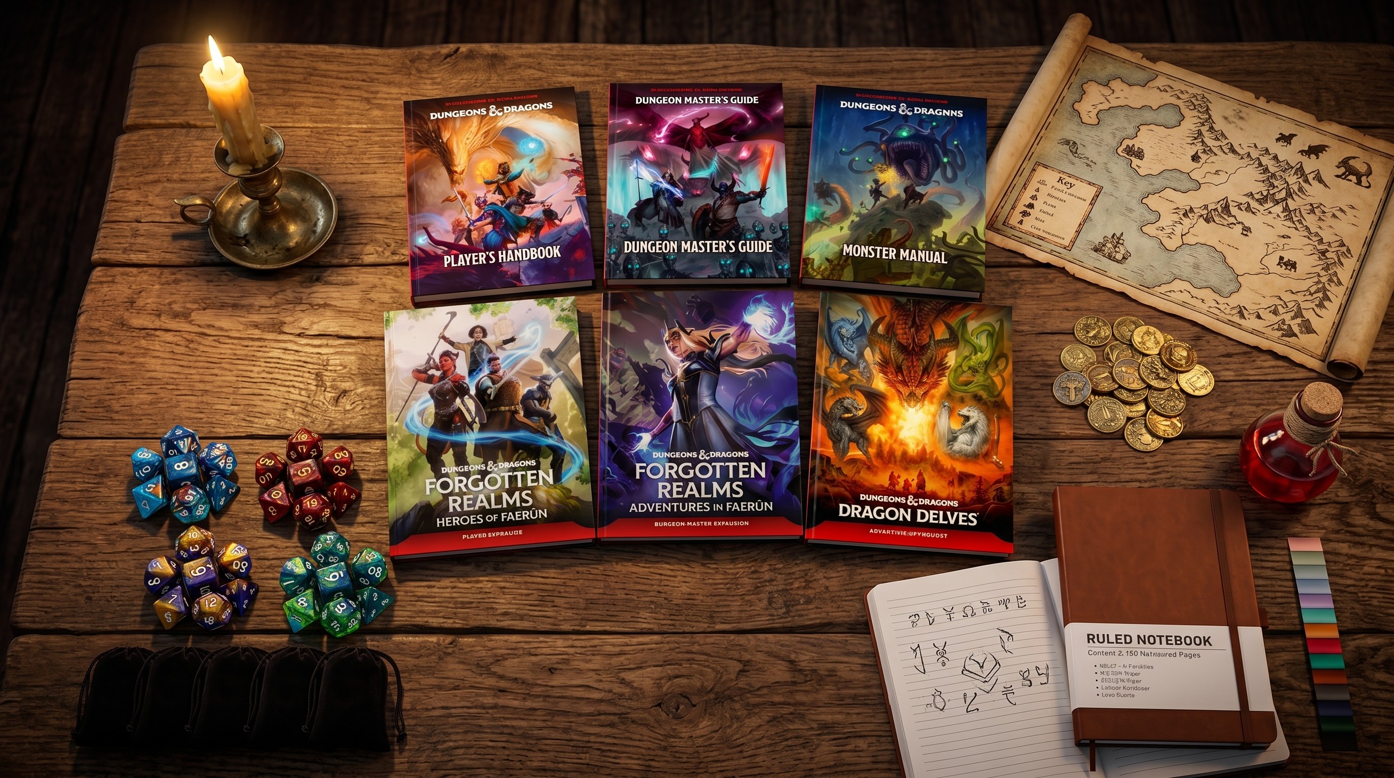 A collection of D&amp;D books and dice on a table