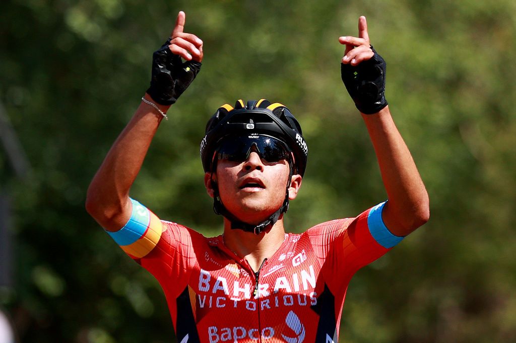 BURGOS SPAIN AUGUST 02 Santiago Buitrago Sanchez of Colombia and Team Bahrain Victorious celebrates winning during the 44th Vuelta a Burgos 2022 Stage 1 a 157km stage from Catedral de Burgos to Mirador del Castillo Burgos VueltaBurgos on August 02 2022 in Burgos Spain Photo by Gonzalo Arroyo MorenoGetty Images