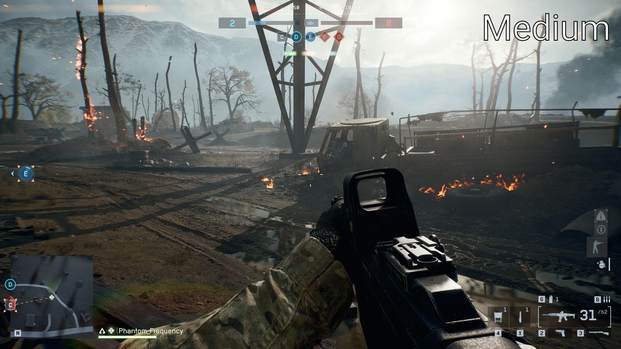 A selection of of image comparison screenshots in Battlefield 6, from Low to Overkill settings