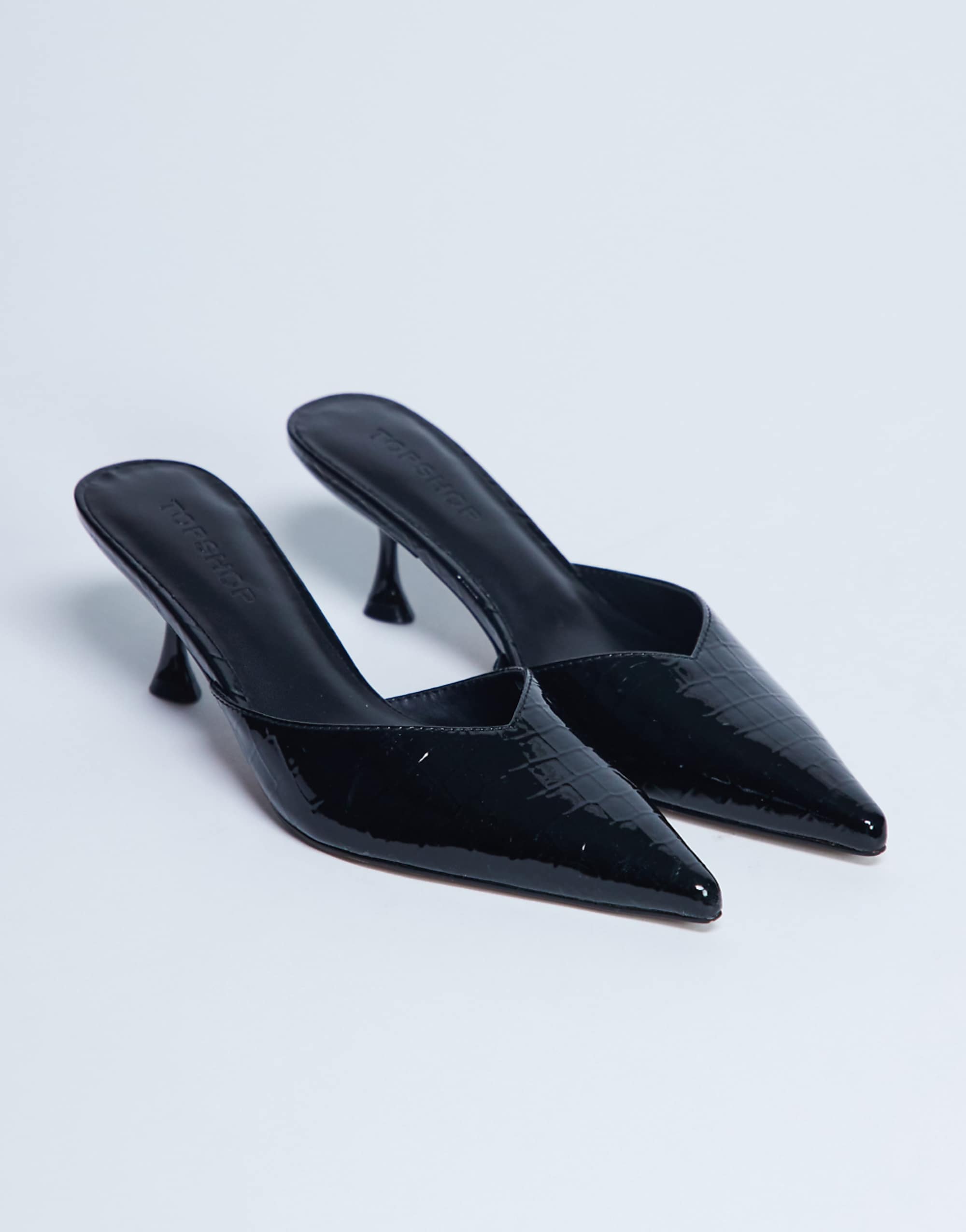 Topshop Ivette Croc Patent Close Toe Mules in Black
