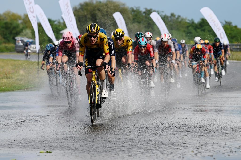 Jos Van Emden (Jumbo-Visma) leads the peloton on rainy stage 1