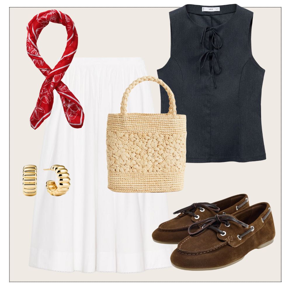 Collage of skirt, top, bag, suede loafers, red scarf, basket bag