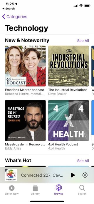 Apple Podcasts Browse tab viewing Technology category