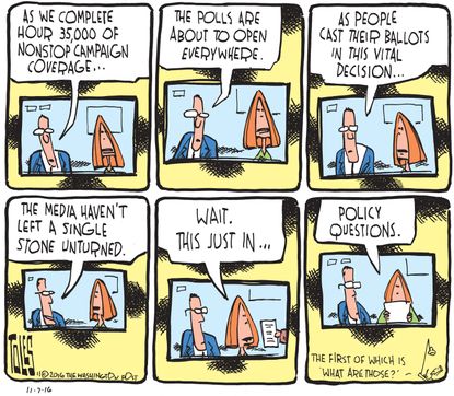 Political cartoon U.S. 2016 election media coverage