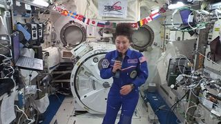 NASA astronaut Jessica Meir speaks with Stephen Colbert from the International Space Station, on April 15, 2020.