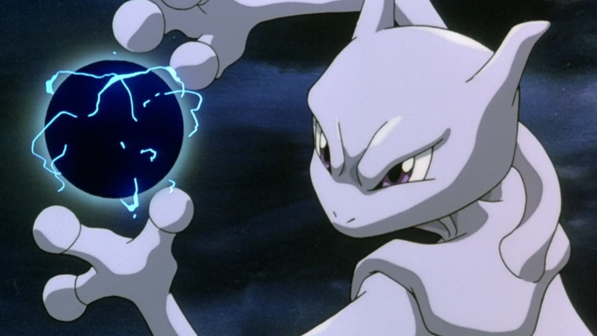 Mewtwo holding a dark energy ball during Pokemon: The First Movie &ndash; Mewtwo Strikes Back