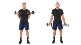 Man doing a bicep curl with dumbbells, a great way to lose weight from arms