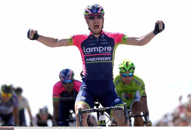 Sacha Modolo (Lampre-Merida) celebrates his first win of 2014