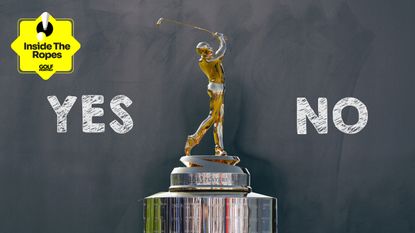 The Players Championship trophy on a grey background with the word 'yes' to the left and the word 'no' to the right