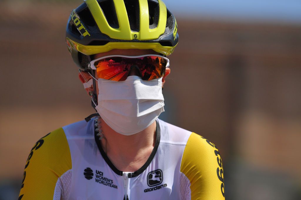 SIENA ITALY AUGUST 01 START Amanda Spratt of Australia and Team Mitchelton Scott Covid Safe measures Team Presentation during the Eroica 6th Strade Bianche 2020 Women Elite a 136km race from Siena to Siena Piazza del Campo StradeBianche on August 01 2020 in Siena Italy Photo by Luc ClaessenGetty Images