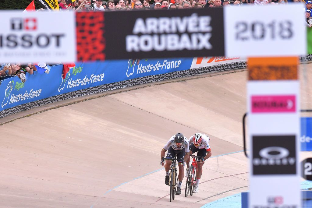ROUBAIX, FRANCE - APRIL 08: Peter Sagan of Slovakia and Team Bora - Hansgrohe / Silvan Dillier of Switzerland and Team AG2R La Mondiale / Sprint / during the 116th Paris to Roubaix 2018 a 257km race from Compiegne to Roubaix on April 8, 2018 in Roubaix, France. (Photo by Tim de Waele/Getty Images)