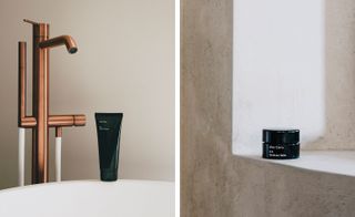 LEFT: A black cosmetic tube placed on a ceramic top, next to a bronze tap photographed against a grey background; RIGHT: A round black pot jar photographed on the ledge of a grey wall