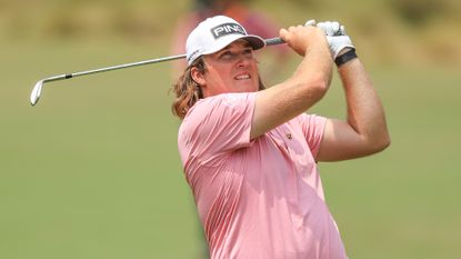 Neal Shipley of The United States plays his second shot on the first hole during the final round of the 2024 U.S. Open Championship on the No.2 Course at The Pinehurst Resort on June 16, 2024 in Pinehurst, North Carolina.