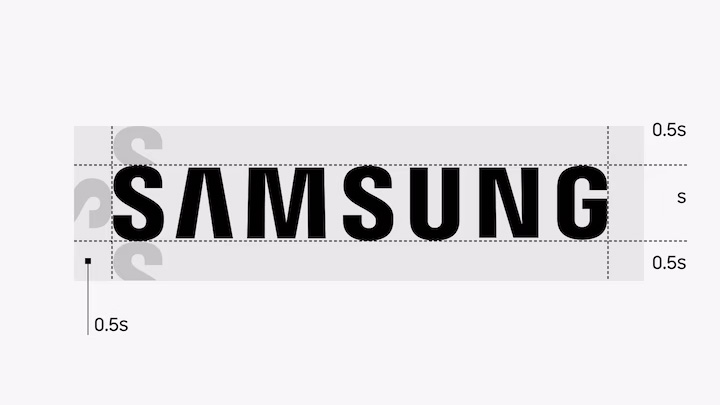 Diagramme du mot-symbole du logo Samsung montrant l'espacement requis des lettres