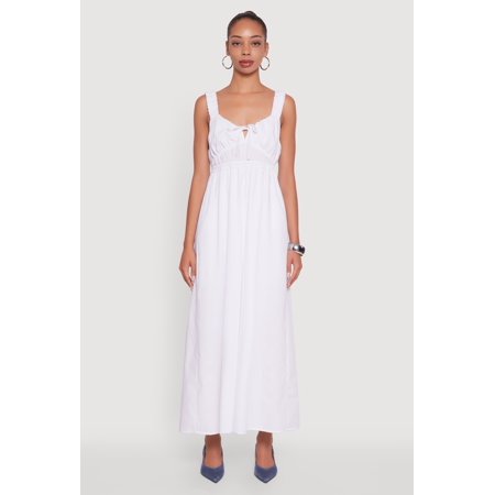 Womens Poplin Sleeveless Scoop Neck Tie Front Maxi Dress