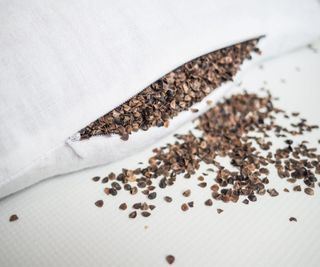 A buckwheat pillow open, with buckwheats coming out