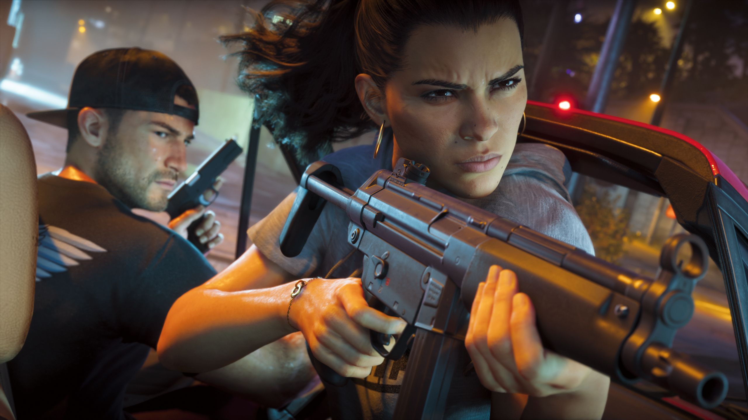 GTA 6 screenshot which shows Lucia holding an assault rifle while hanging out of a window preparing to fire, as Jason has his hand on the wheel
