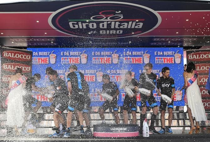 Team Sky celebrates with champagne