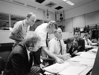 View of Mission Control Center during the Apollo 13 oxygen cell failure.